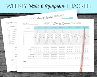 May include: A printable weekly pain and symptom tracker with a body outline for each day of the week. The tracker includes sections for mood, energy levels, mental clarity, exercise, healthy eating, and staying hydrated. Each section has a 5-star rating system.