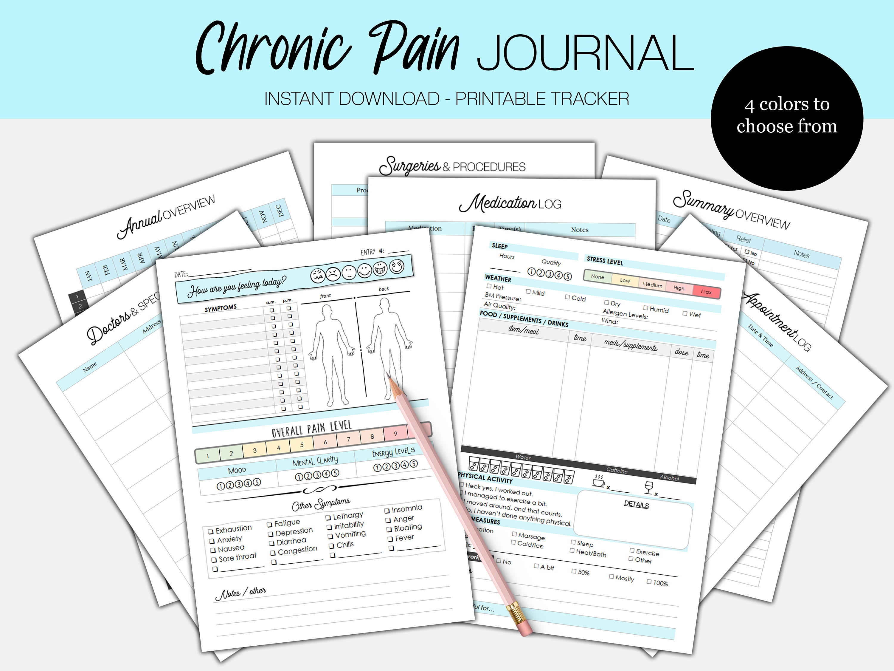Chronic Pain Journal printable Tracker Pain &amp; Symptom - Etsy
