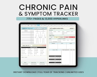 May include: A digital printable chronic pain and symptom tracker with a black and white body outline, a calendar, and a section for tracking mood, mental clarity, and energy levels. The text on the page reads "Chronic Pain & Symptom Tracker" and "775+ Pages & 13,000 Hyperlinks".