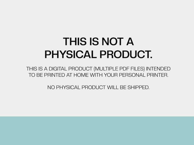 Op de afbeelding: Tekst op een witte achtergrond die luidt: "DIT IS GEEN FY SIEK PRODUCT. DIT IS EEN DIGITAAL PRODUCT (MEERDERE PDF-BESTANDEN) BEDOELD OM THUIS TE WORDEN AFGEDRUKT MET UW PERSOONLIJKE PRINTER. ER WORDT GEEN FY SIEK PRODUCT VERZONDEN."