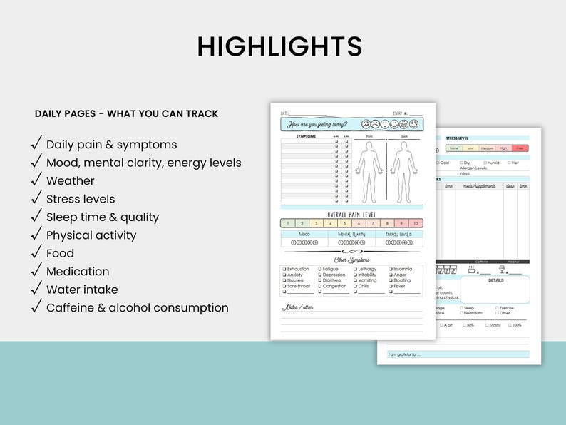 Op de afbeelding: Een printbare dagelijkse trackerpagina met een checklist van items om bij te houden, waaronder dagelijkse pijn en symptomen, stemming, mentale helderheid, energieniveaus, weer, stressniveaus, slaaptijd en -kwaliteit, lichaamsbeweging, voedsel, medicatie, waterinname en cafe&iuml;ne- en alcoholconsumptie.