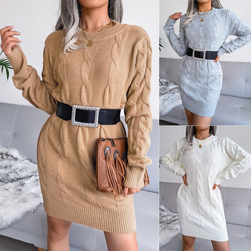 MojitoCollectionUK Solid Color Dress Woollen Fall Knitted Round Neck Long-sleeved Knitted Sweater Casual Dress