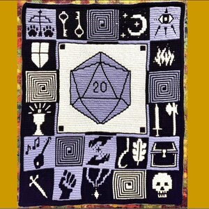 May include: A black and white crocheted blanket with a purple 20-sided die in the center. The blanket is made up of squares with different symbols and designs, including a key, a sword, a skull, and a goblet.