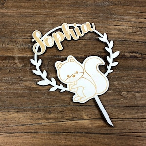 Topper animales del bosque nombre cumpleaños ardilla nombre deseado enchufe pastel de madera pastel de cumpleaños infantil topper fiesta animales individuales pastel