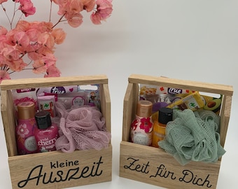 Wooden gift basket, gift set, present, souvenir, wellness gift for a girlfriend, gift idea, wooden basket, bath salts, eye mask, beauty, time out, relaxation