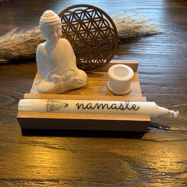 Geschenkset Geschenkidee Buddha Kerze Kerzenhalter Eichenholz Yoga spirituell namaste Esoterik Dankeschön Geschenk Deko