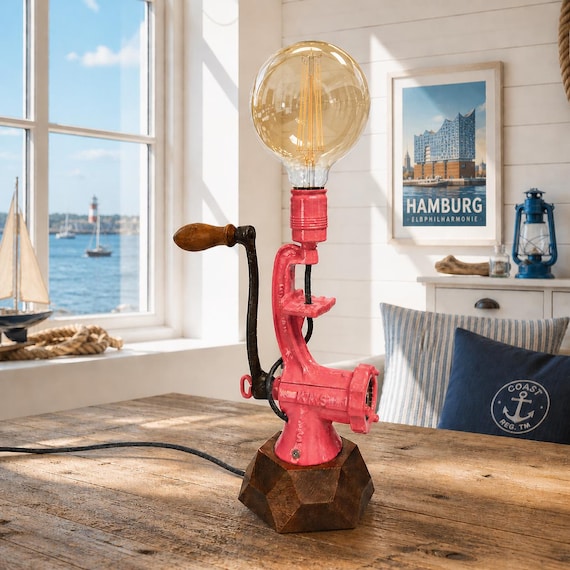 Industrial meat grinder lamp, upcycled vintage table lamp, retro loft decor, Edison light, unique loft lamp, pink, nautical, wood