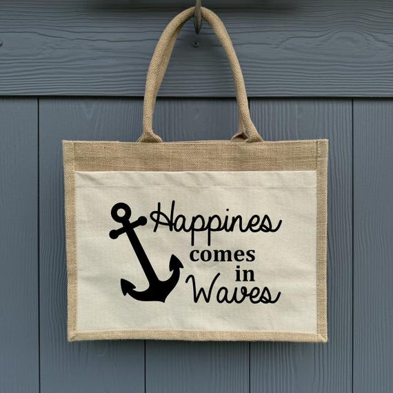 Bag Jute Shopper Tote Bag Happines comes in waves shopping bag Cotton Market Bag Gift Personalized Jute Bag Shopping Bag