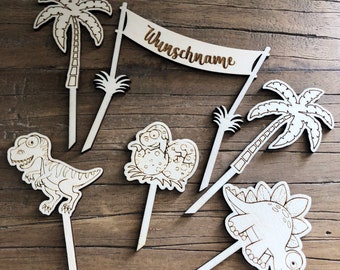 1 x Set Wooden Birthday Cake Topper Dinos Prehistoric Party Children's Birthday