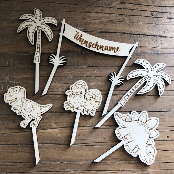 1 x Set Wooden Birthday Cake Topper Dinos Prehistoric Party Children's Birthday