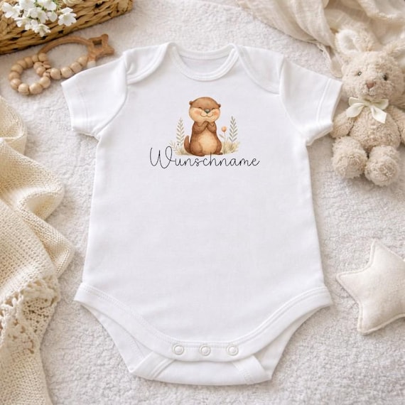 Baby bodysuit size 56 with personalized name, otter, baby, birth, pregnancy, rabbit, bunny motif, bodysuit, baby shower, family, gift idea