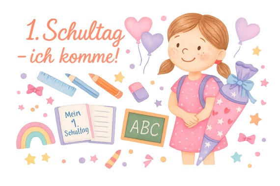 Rub On Sticker School Child Girl A5 – School Enrollment 2025 Sticker Sheet Transparent – Decoration 1st Grade – Rub-On Sticker for Candles & Cards