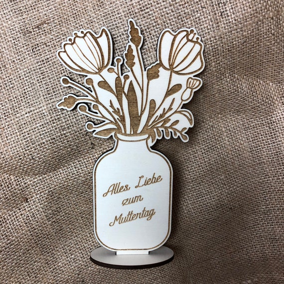 Gift Mother's Day Mama Wooden Greeting Card Bouquet Flowers Display Flower Vase