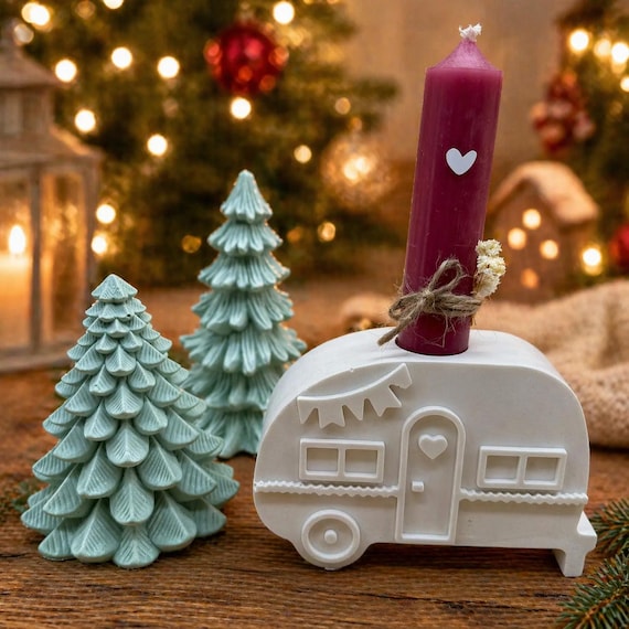 Caravan Set Tree Candle Gift Set Decoration Winter Xmas Christmas Camper Camping Candle Holder Trees Green Decoration Gift