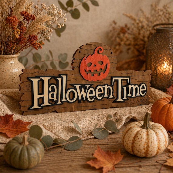 Halloween decoration wooden picture pumpkin door sign Pumpkin Party Halloween Time Farmhouse style autumn cozy weather