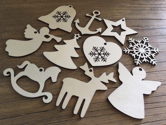 10 x Pendant Wood XMAS Christmas Christmas Anchor Reindeer Heart Bell Tree Angel Rocking Horse Heart Star Snowflake