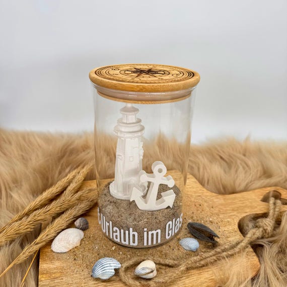 Holiday in a glass gift idea lighthouse anchor Baltic Sea maritime compass cottage sand gift cash gift house beach for home home port