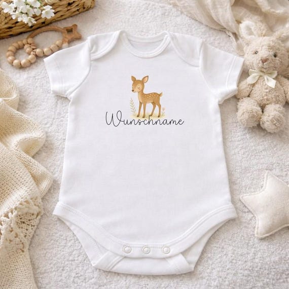Baby bodysuit size 56 with personalized name, deer, baby, birth, pregnancy, rabbit, bunny motif, bodysuit, baby shower, family, gift idea