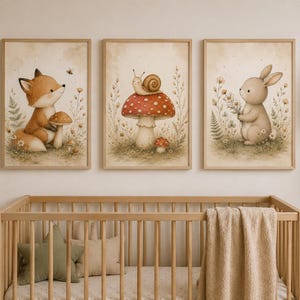 Könnte beinhalten: Set aus drei gerahmten Aquarelldrucken mit Waldtieren. Die Drucke zeigen einen Fuchs, eine Schnecke auf einem Pilz und ein Kaninchen. Die Kunstwerke haben einen Vintage-Stil, ideal für ein Kinderzimmer.