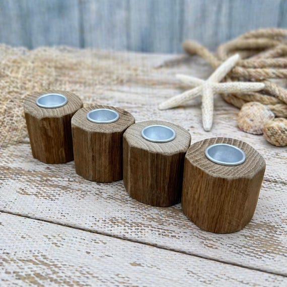 4x Rustic Oak Wooden Candlesticks for Christmas, Advent, and Xmas, for Taper Candles, Handmade, Decorative, and Christmas Style