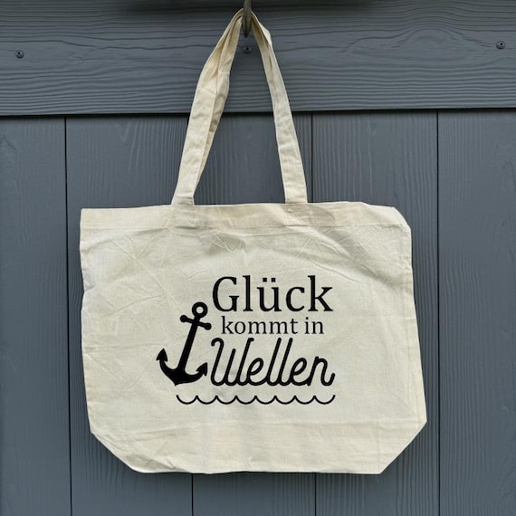 Bag XL Shopper Tote Bag Happiness Comes in Waves Beach Bag Cotton Market Bag Gift Personalized Shopping Bag Pouch
