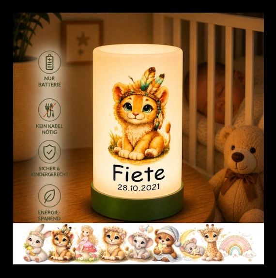 Personalized children's night light with name and lion design | LED night lamp for babies | Gift for birth or christening | Cordless children's room lamp