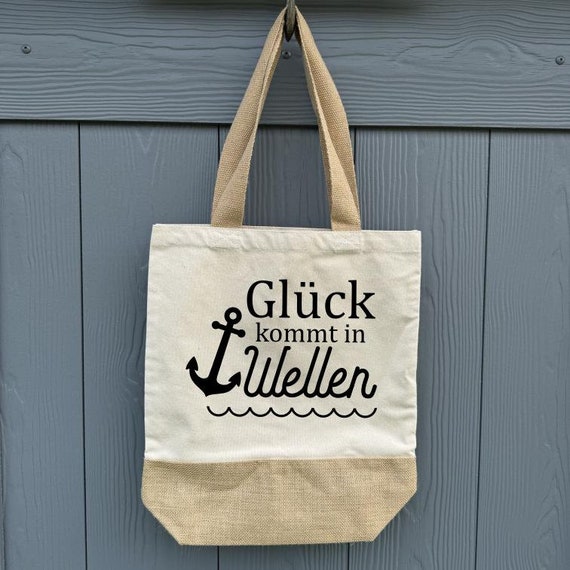 Bag XL Shopper Tote BagHappiness Comes in Waves Beach Bag Cotton Market Bag Gift Personalized Shopping Bag Maritime