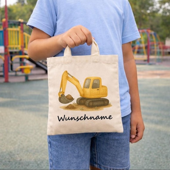 Digger Kindergarten, personalized bag, change of clothes, gym bag, jute bag, sports bag, tote bag, fabric bag, printed design