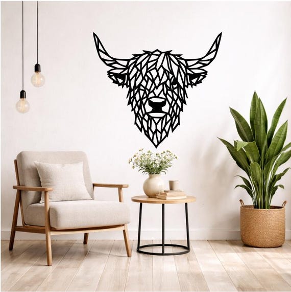 Galloway Cattle Wall Decor Wood Geometric Silhouette | Modern Animal Wall Decoration Wall Art Modern Black or Colored Cow Bull Highland
