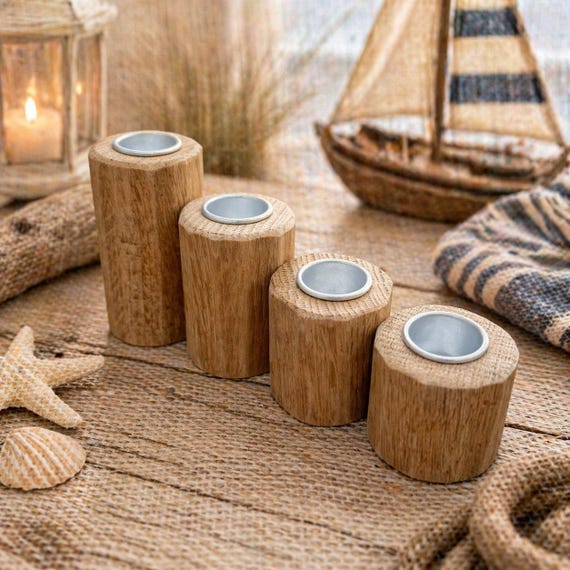 4x Rustic Oak Wooden Candlesticks for Christmas, Advent, and Xmas, Gold Taper Candles, Handmade, Decorative