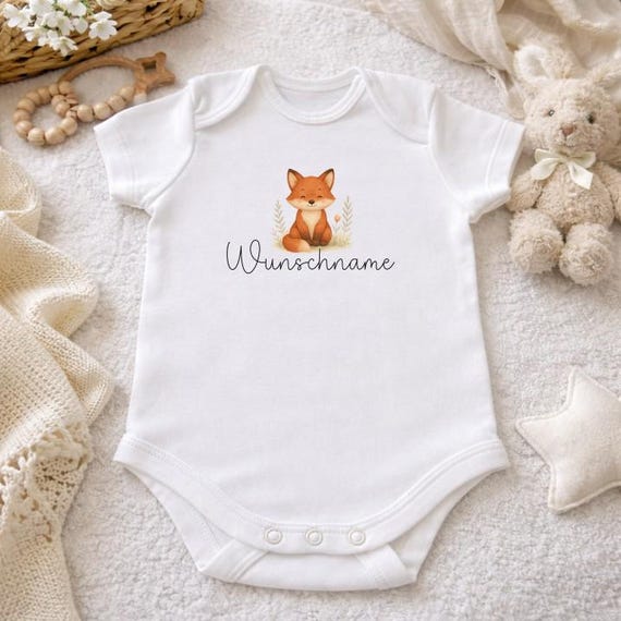 Baby bodysuit size 56 with personalized name, fox, baby, birth, pregnancy, rabbit, bunny motif, bodysuit, baby shower, family, gift idea