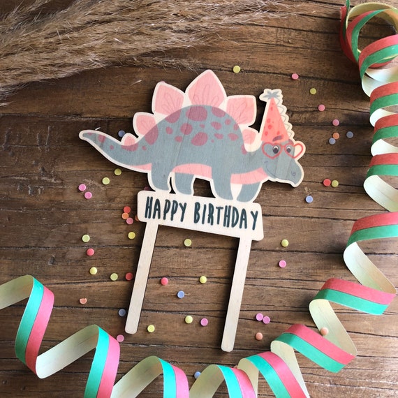 Cake Topper Dino Wood Colored Children's Birthday Party Cake Topper Kids Cake Birthday Birthday Happy Birthday Dinosaur Colorful