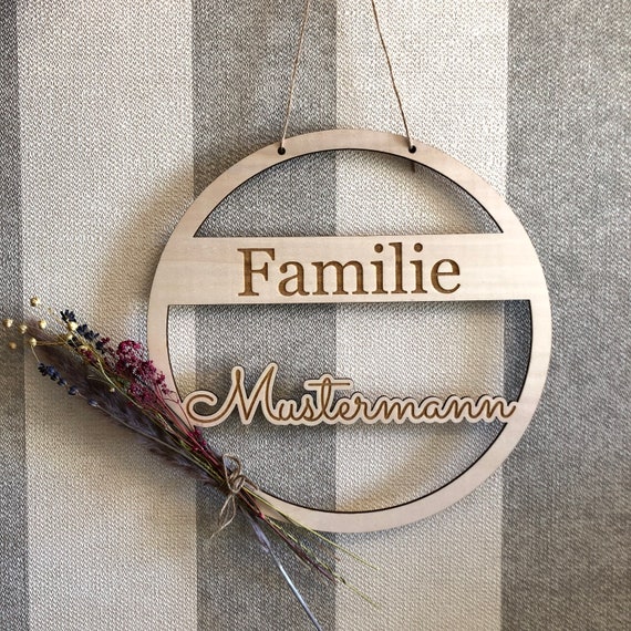 Door wreath dried flowers door sign personalized individually welcome family sign name desired name desired text wood 300 x 300 mm