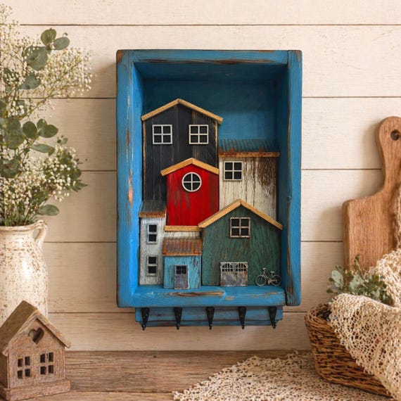 Wooden wall art, maritime houses, key rack with hooks, handmade key box, coastal-style wall decoration, Scandinavian keys