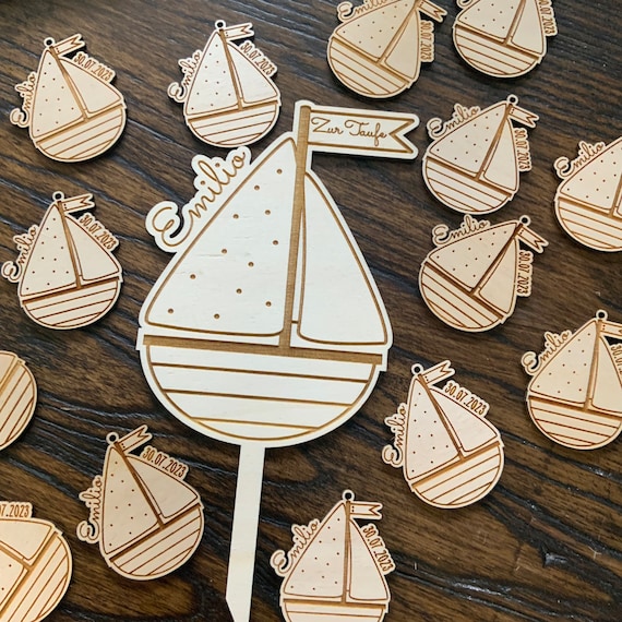 For baptism decoration topper ship boat personalized wooden pendant desired name