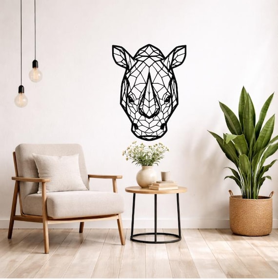 Rhinoceros Wall Decor Wood Geometric Silhouette | Modern Animal Wall Decoration Modern Wall Art Black or Colored Pet