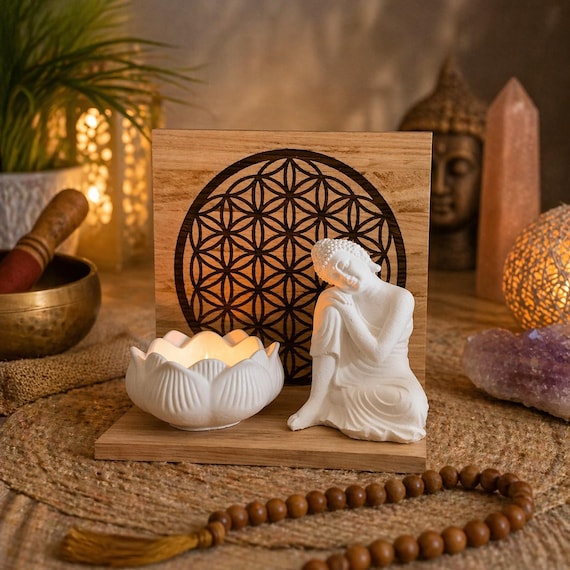 Gift set, gift idea, Buddha candle, candle holder, oak wood, yoga, spiritual, namaste, esoteric, thank you, gift, decoration