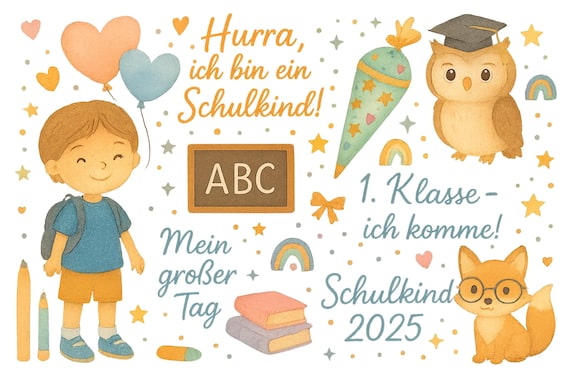 Rub On Sticker Schoolchild Boy A5 – School Enrollment 2025 Sticker Sheet Transparent – Decoration 1st Grade – Rub-On Sticker for Candles & Cards