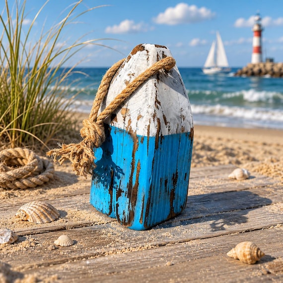 Wooden buoy, maritime decoration, beach, Baltic Sea, moin, decoration, wooden buoy, sea, seafaring, swimmer, beach house, North Sea, terrace, holiday flair with rope