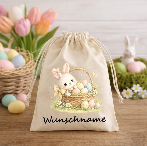 Easter Gift Bags for Children, Kindergarten Bunny Design, Cotton Bags 20×15 cm | OEKO-TEX Certified Bags for Daycare Gifts