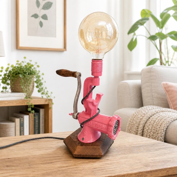 Industrial meat grinder lamp, upcycled vintage table lamp, retro loft decor, Edison light, unique loft lamp, pink