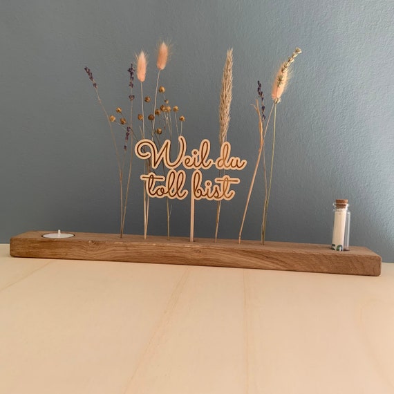 Flowerboard Blumenbar Topper Gift Idea Dried Flowers Candle Holder Oakwood Wood Personalized Caketopper Wedding Mother's Day