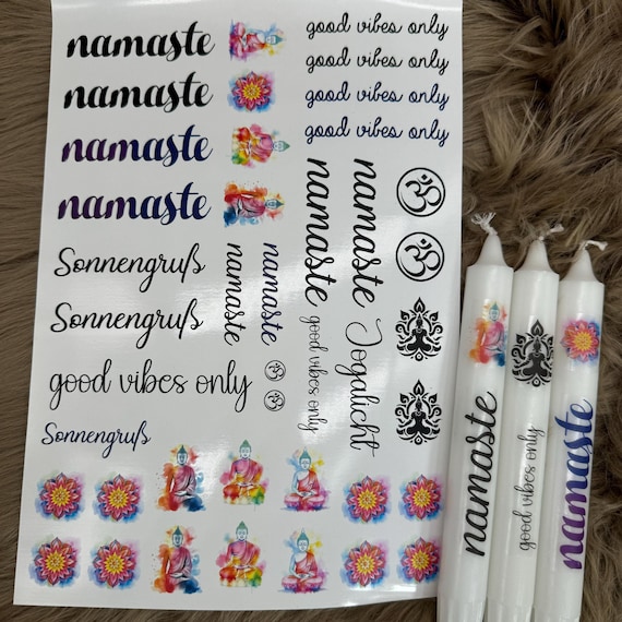 Candle sticker namaste Om Buddha flowers sun salutation good vibes only candle sticker foil water slide film candle tattoo gift yoga light