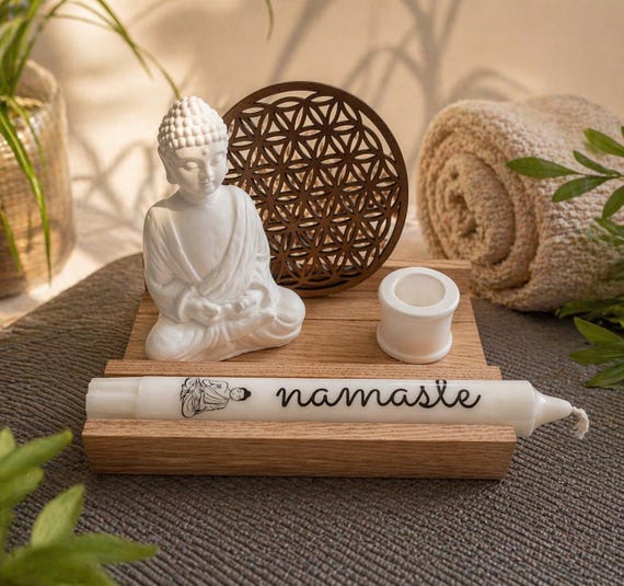 Gift set, gift idea, Buddha candle, candle holder, oak wood, yoga, spiritual, namaste, esoteric, thank you gift, decoration, souvenir