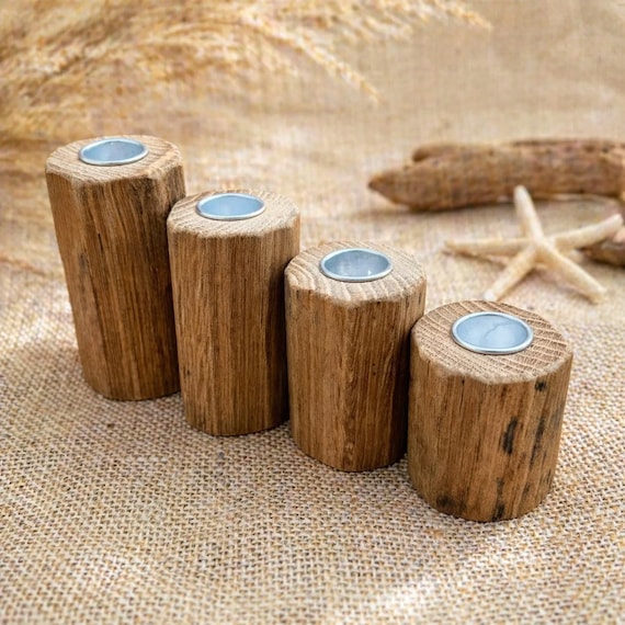 4x Maritime Oak Rustic Wooden Candlesticks Christmas Advent XMAS Taper Candles Candles Christmas Rustic Candle Holders Handmade Decoration