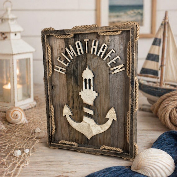 Maritime picture, anchor, home port, wall art, lighthouse, decoration, Baltic Sea, maritime, wood, home