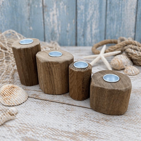 4x Rustic Oak Wooden Candlesticks for Christmas, Advent, and Xmas, for Taper Candles, Handmade, Decorative