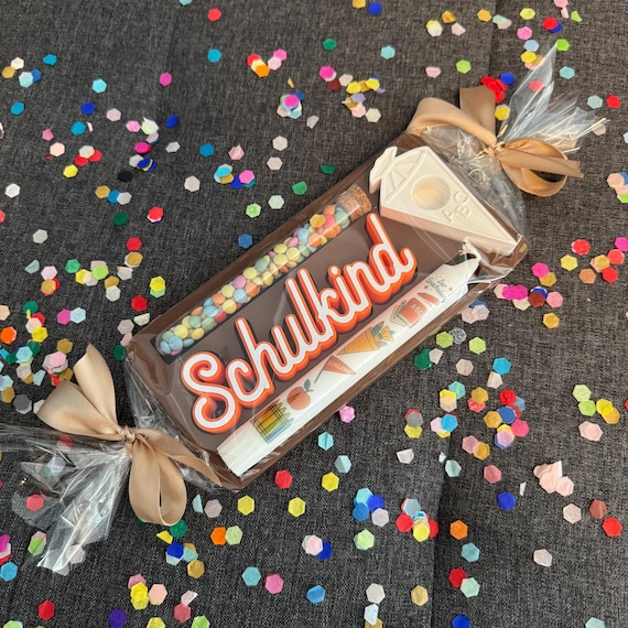 Gift set for school child – candle with holder, school cone, 3D lettering & sweets – first day of school gift