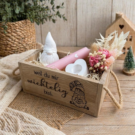 Gift basket, candle, because you're so important to me, gift, wooden box, basket, gift wrapping, elf, heart, candle holder, souvenir, girlfriend
