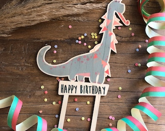Cake Topper Dino Wood Colored Children's Birthday Party Cake Topper Kids Cake Birthday Birthday Happy Birthday Dinosaur Colorful